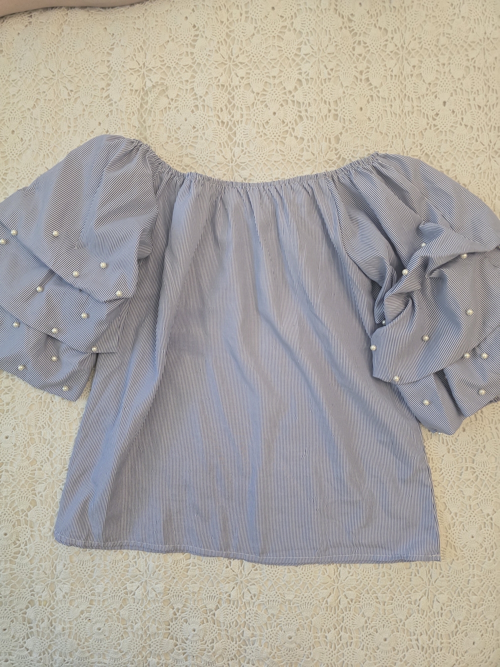 Women's Light Blue Off-Shoulder Blouse with Pearl-Embellished Puff Sleeves